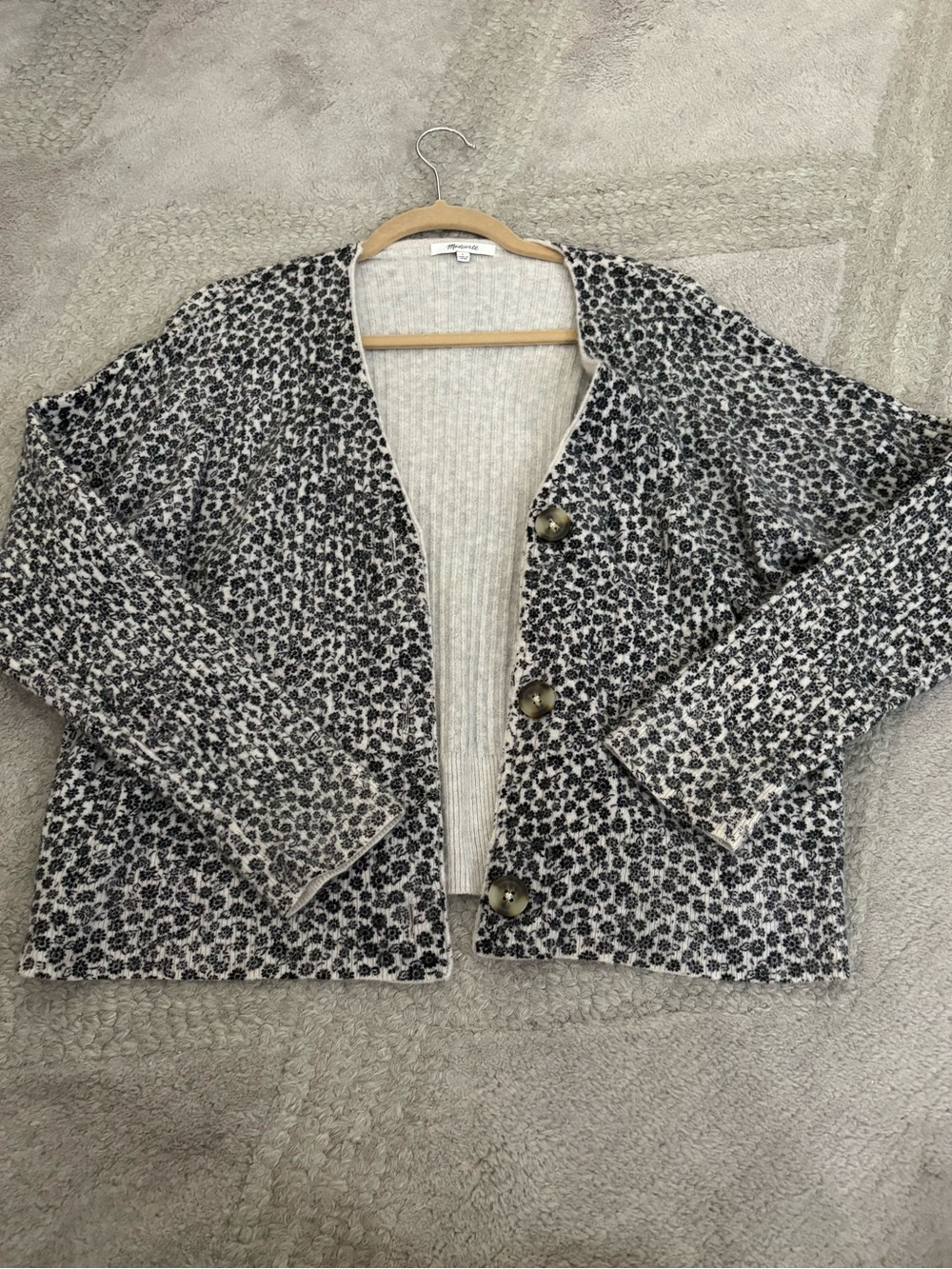 Madewell Cream and Black Floral Button Cardigan